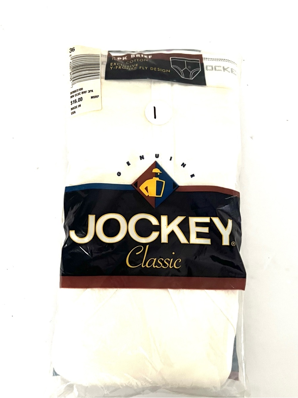 Jockey Classic Mens 3 Pack Briefs White Size 36 Y-Front Fly Cotton USA 2000